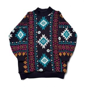 Vintage 1990s Native American Navy Geometric Pattern Knit Sweater - Multicolor L